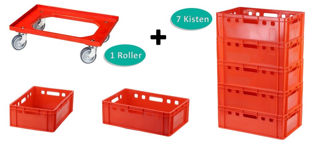 7 Stück E2-Kasten rot + 1 Transportroller mit vier Lenkrollen rot