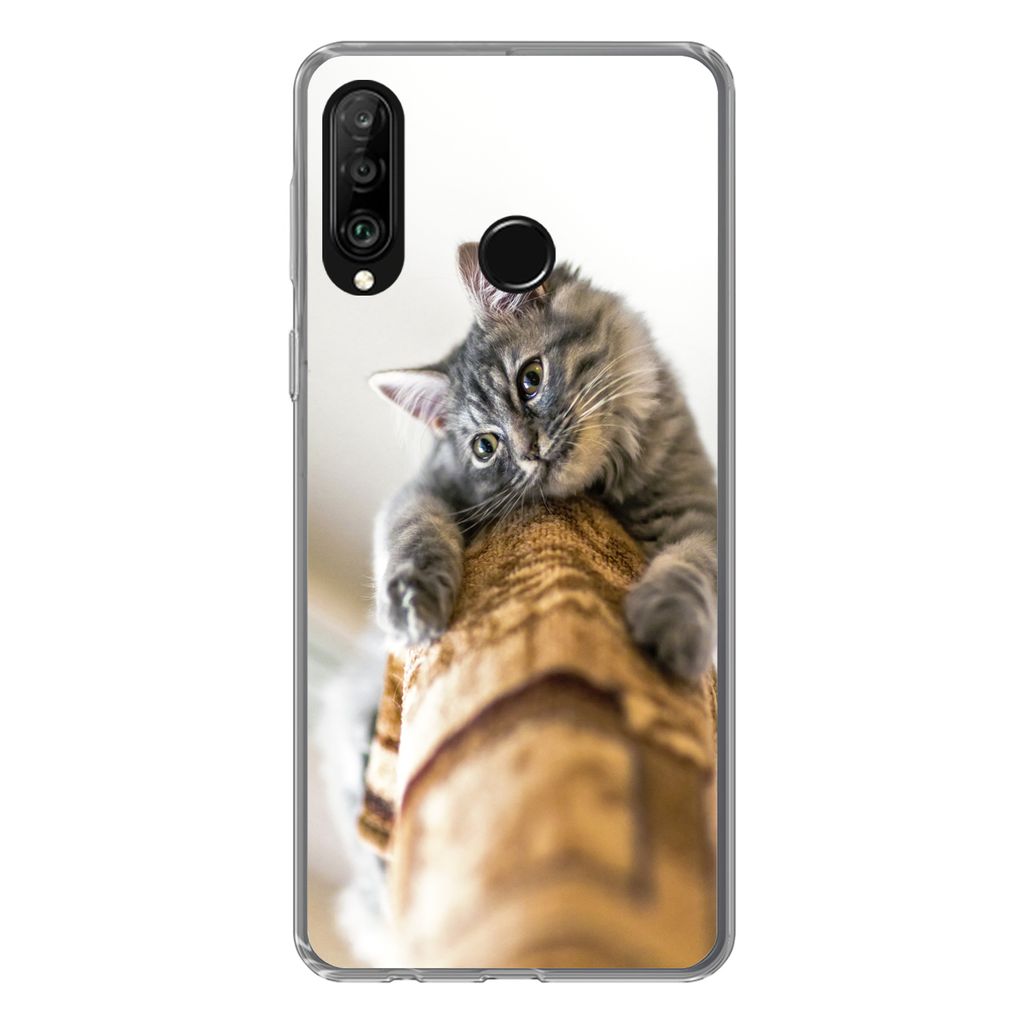 MuchoWow Handyhülle Schutzhülle Hülle für Huawei P30 Lite Katze - Kratzbaum - Grau Silikon Softcase Handy Hülle - Handyhülle