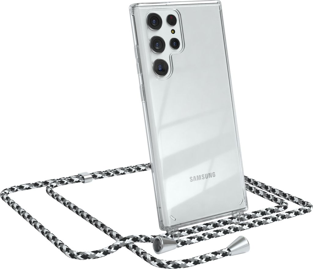 EAZY CASE Handykette kompatibel mit Samsung Galaxy S22 Ultra 5G, Handyhülle mit Umhängeband, Handykordel, Schutzhülle Clear, Band in Schwarz