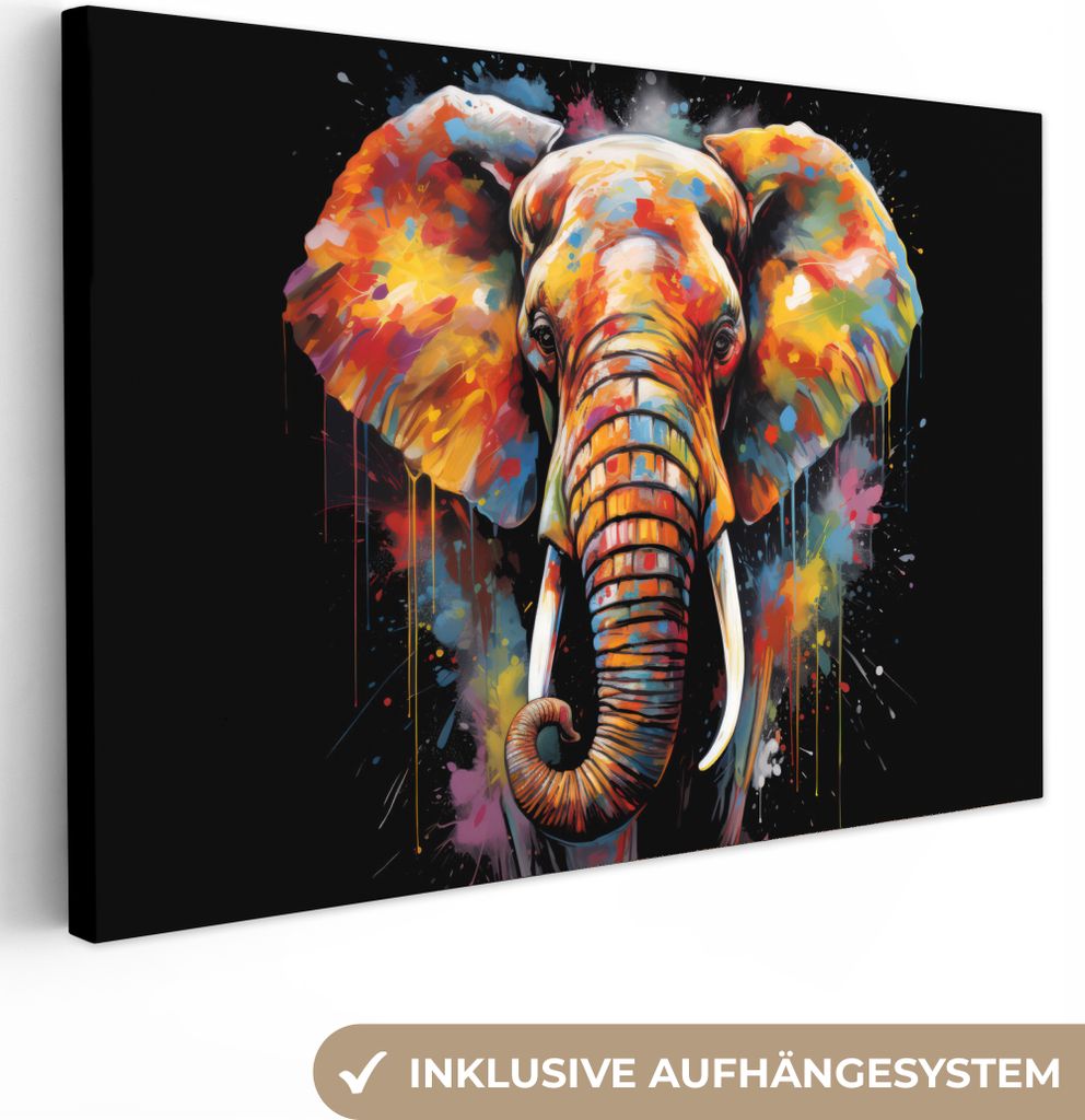Leinwandbilder 30x20 cm - Graffiti - Elefant - Schwarz - Tiere - Farben, Bilder Wohnzimmer Modern, Wanddeko