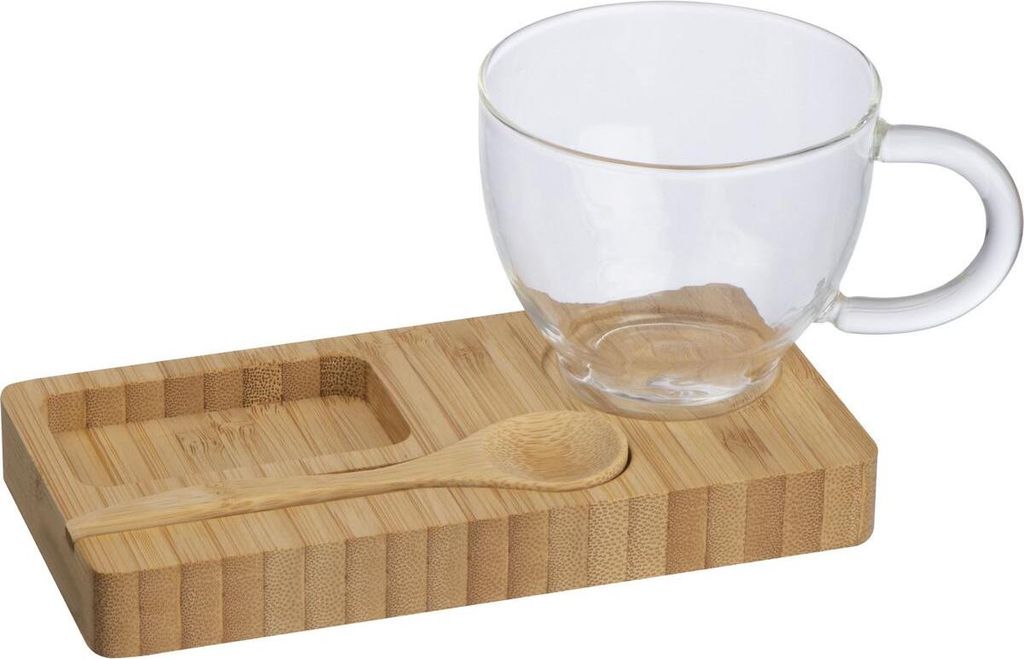 Servierbrett mit Glastasse und Löffel aus Bambus Produktbild 