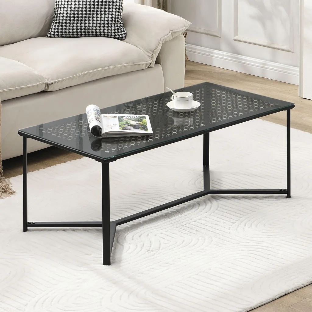 WOHNLING Table basse en verre et métal noir 100 cm de salon rectangulaire