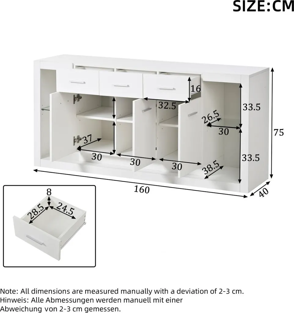 Buffet bas blanc brillant 160cm avec 14 compartiments et éclairage LED - 8