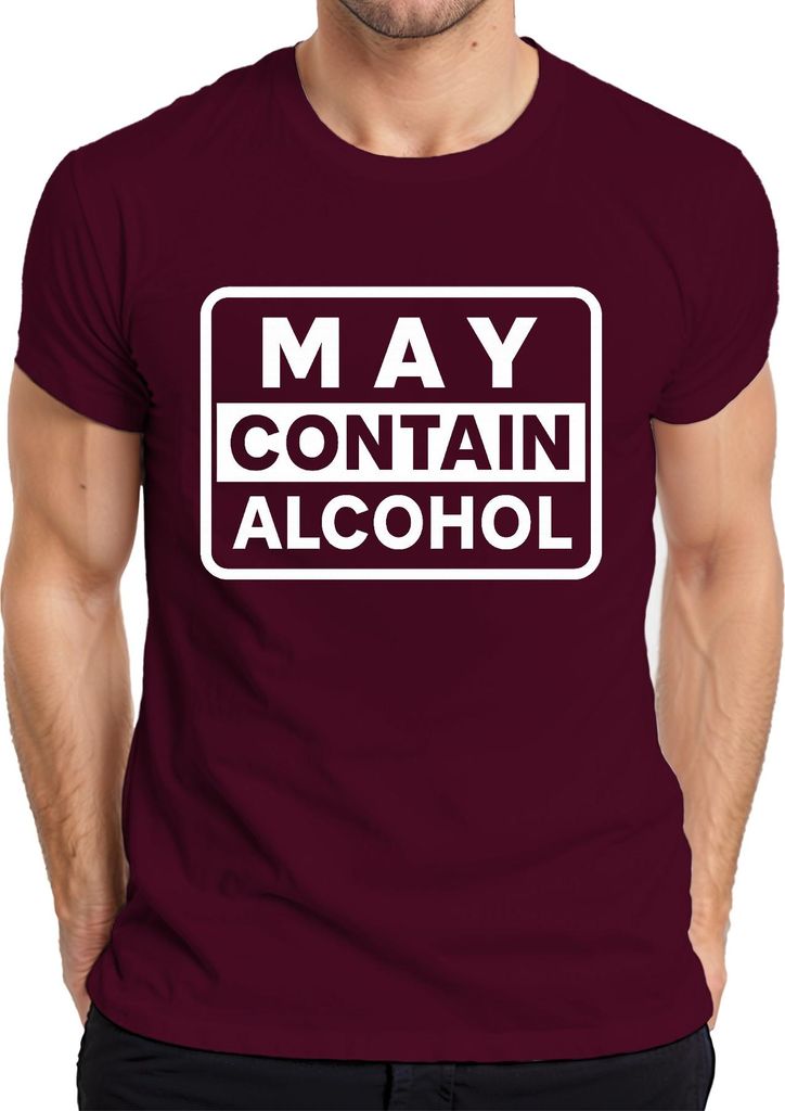 May Contain Alcohol Lustiger Warnhinweis Party Geschenk Retro Herren T-Shirt, Burgundy, L