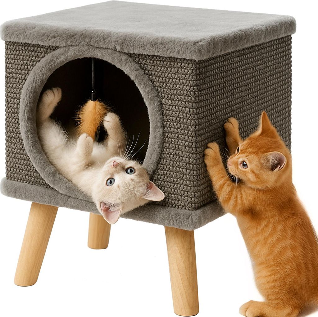Two kittens playing with a cat house and scratching post.