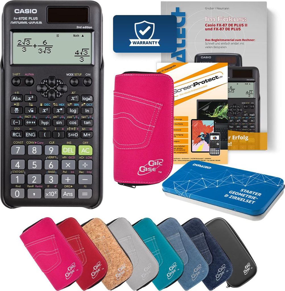 Casio FX-87 DE Plus II Taschenrechner mit Tasche pink, Folie, Buch und Zirkel Set
