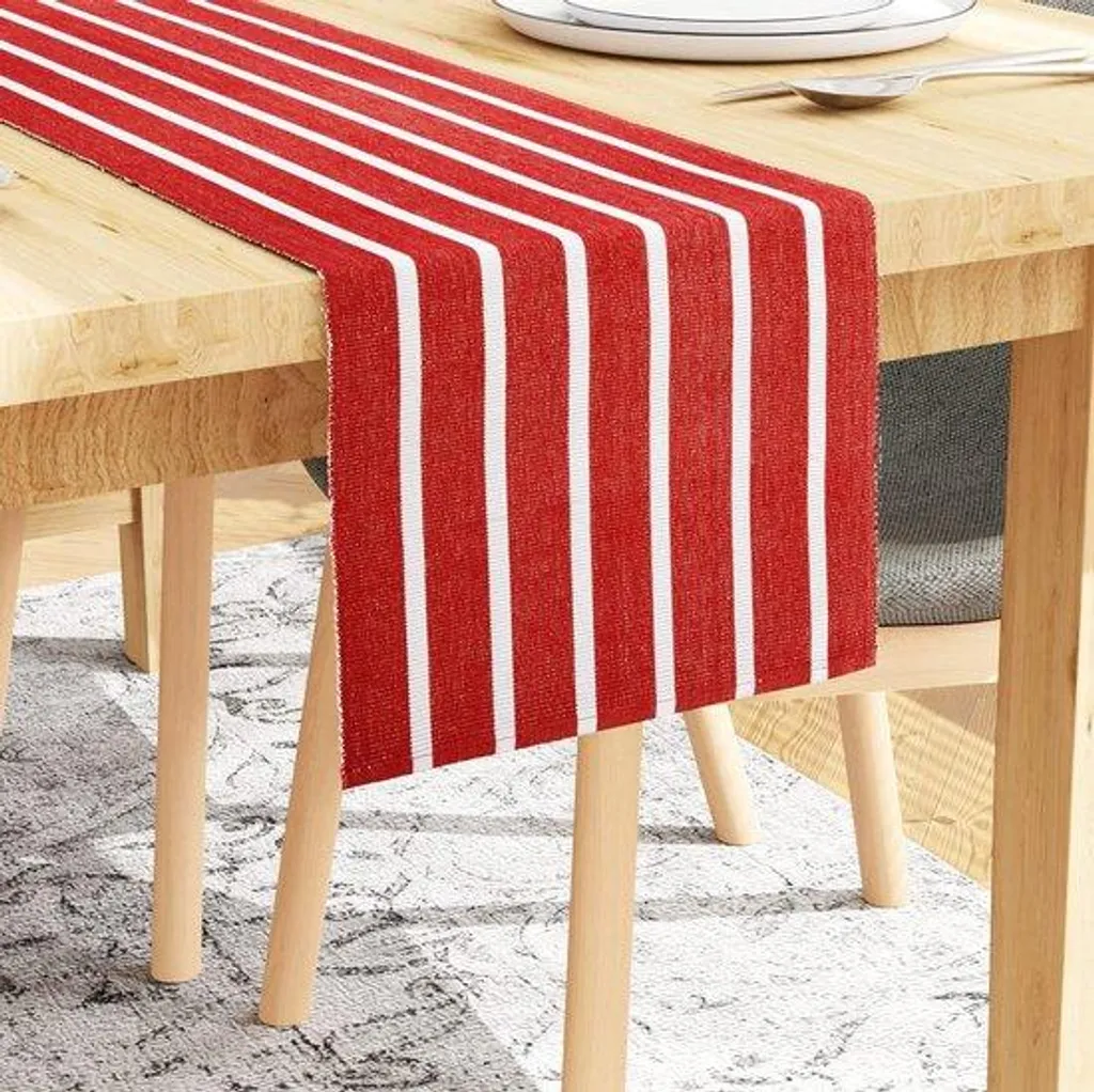 Chemin de table rouge et blanc rayé en tissu doux 33x150 cm lavable