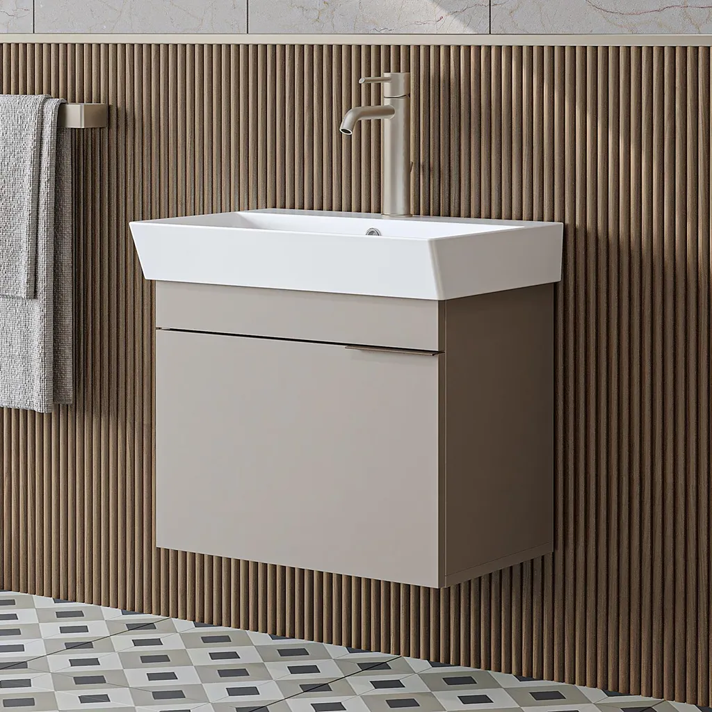 Ensemble meuble de salle de bains suspendu et vasque beige LYCIA-60