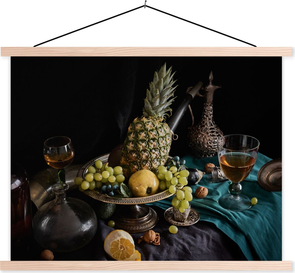 MuchoWow Textilposter Obst - Wein - Stilleben 60x45 cm mit holzfarbenen Rahmen - Bild