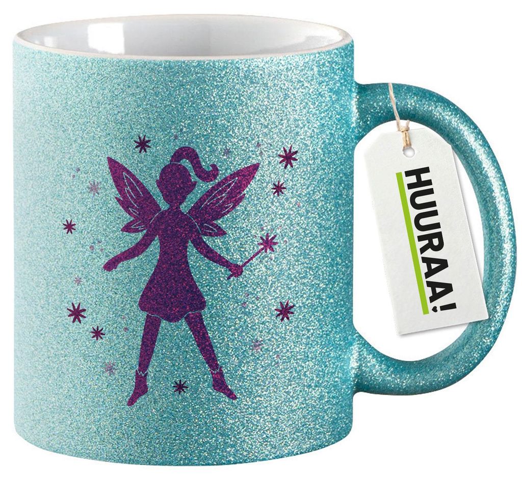 Huuraa Glitzertasse Fee Fabelwesen 330ml Blau Keramik Kaffeebecher Geschenkidee