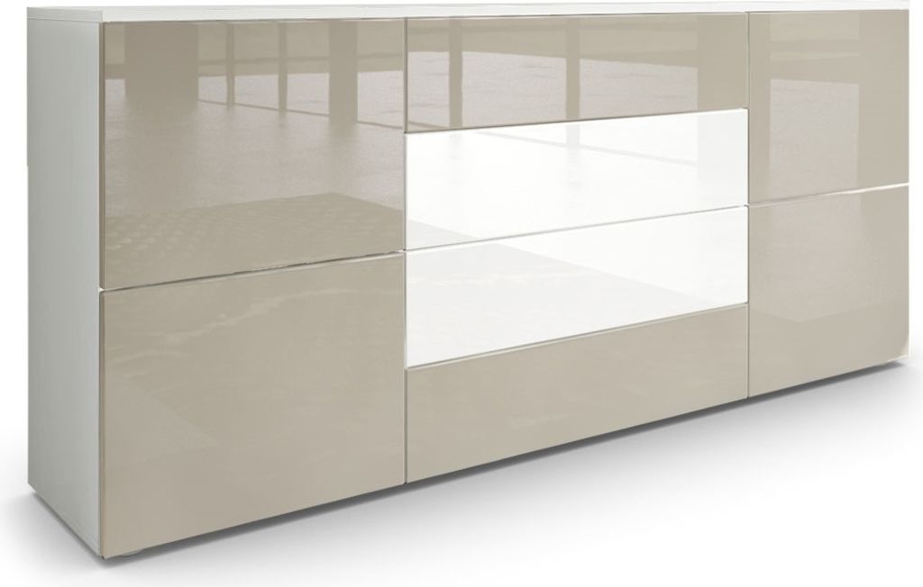 Vladon Sideboard Rova, Germany, Kommode mit 4 Türen und 4 Schubladen, Weiß matt/Sandgrau Hochglanz/Weiß Hochglanz (166 x 72 x 35 cm)
