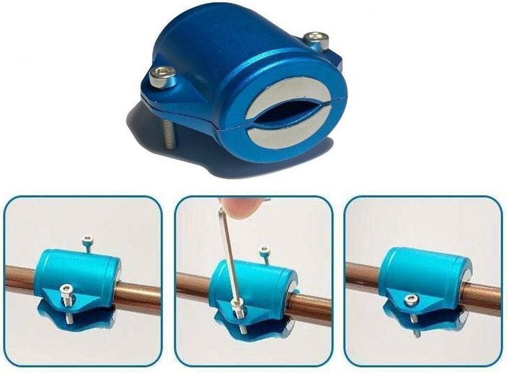 A collage showing a blue magnetic water softener device and three instructional images of its installation on a copper pipe.