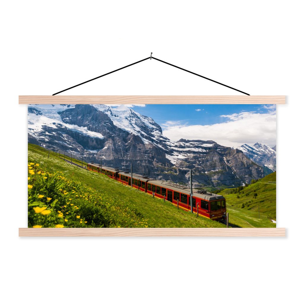 MuchoWow Textilposter Ein roter Zug in den Alpen 120x60 cm mit holzfarbenen Rahmen - Klemmleiste