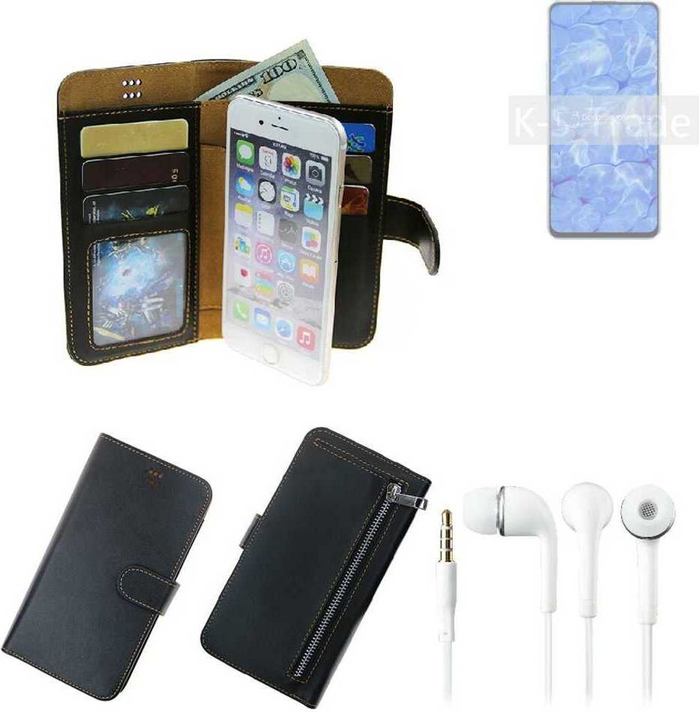 TOP SET Handy Hülle Schutz Hülle kompatibel mit Oppo Reno6 5G schwarz aus Kunstleder + Kopfhörer Smartphone Tasche vollwertige Geldbörse