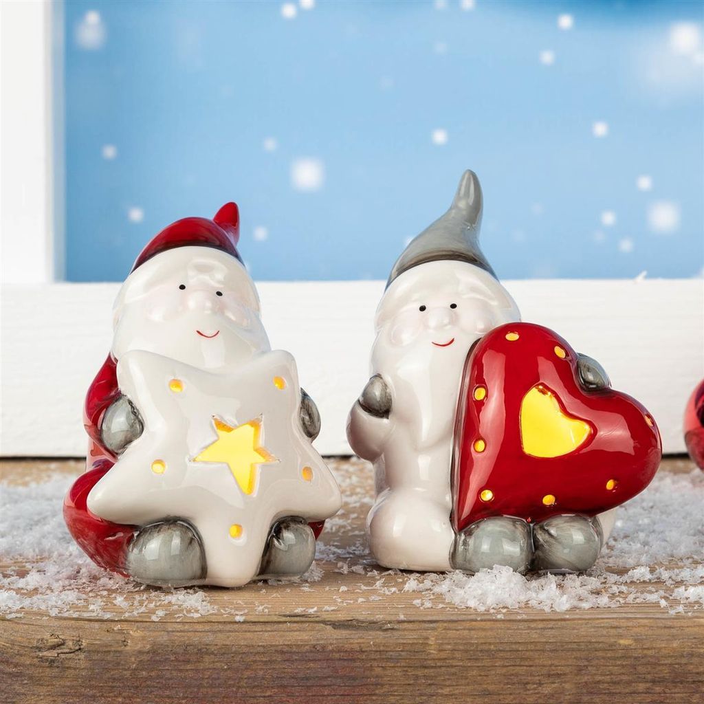 Bambelaa! 2er Set Weihnachtsmann Dekofigur LED Beleuchtet Dolomit Stern Herz Rot Weiß Batteriebetrieben Innen