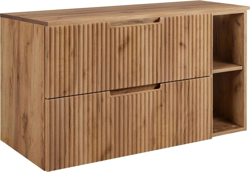 A wooden cabinet with two drawers and open shelving on the right side, presented against a white background.