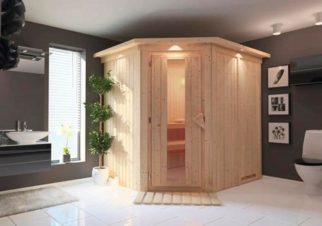 Plug & Play Sauna Karibu Achat VII inkl. 3,6 kW Ofen u.integr.Steuerung mit Dachkranz und Holztüre aus Isolierglas wärme