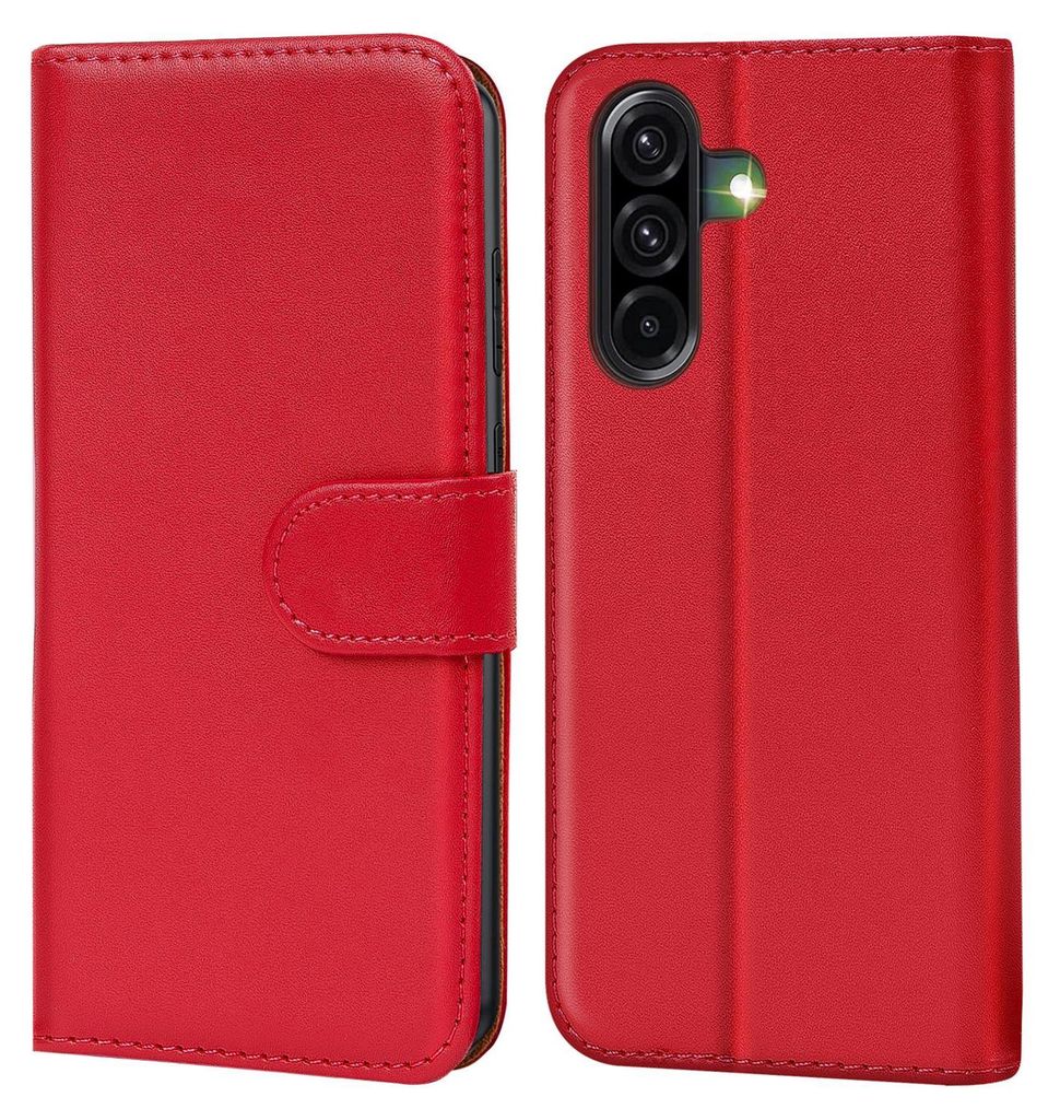 A red flip case for a smartphone is shown open, revealing the inside of the case and the back of the phone with its camera module.