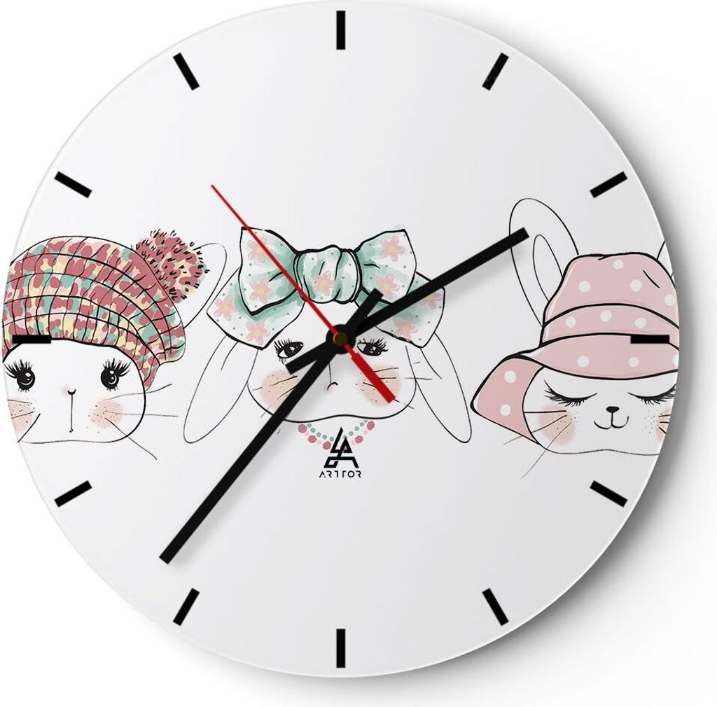 Wanduhr - Rund - Glasuhr - Bunnys Hüte Illustration Kinder - 30x30cm - Schleichendes Uhrwerk - Lautlos - zum Aufhängen bereit - Dekoration Modern...