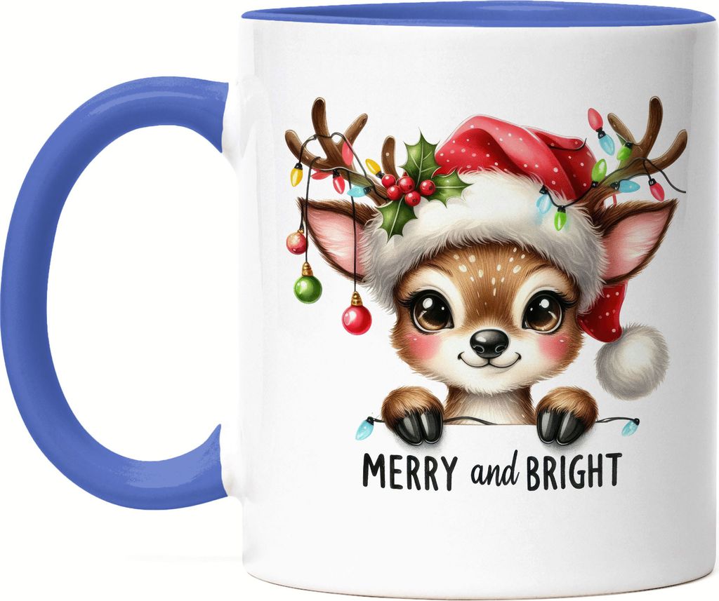 Merry and Bright Lustiges Rentiermotiv Tasse Blau Geschenkidee witziges Design Weihnachten