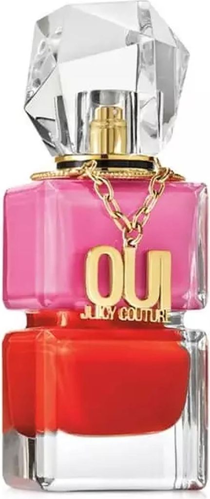 A perfume bottle with a pink and red gradient, a gold chain, and a crystal-like cap.