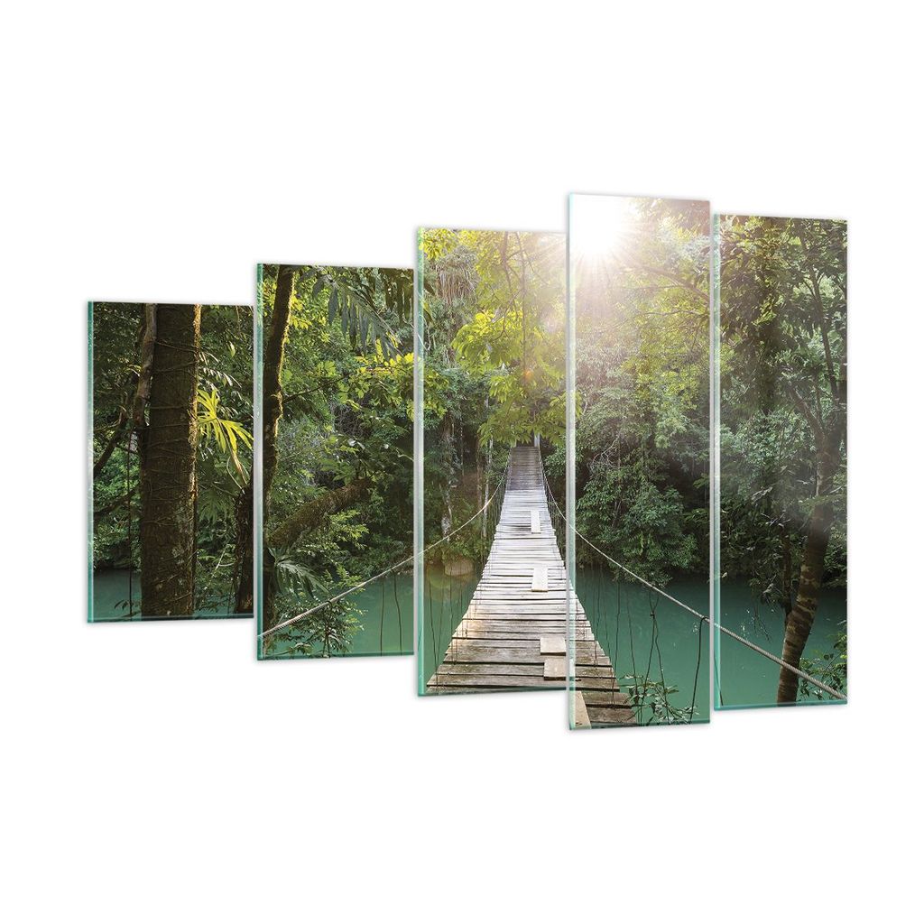Bilder auf glas - 5 Teile - Brücke Seil Dschungel - 150x100cm - Glasbilder - Wandbilder - Bilder - zum Aufhängen bereit - Wanddekoration aus Glas...