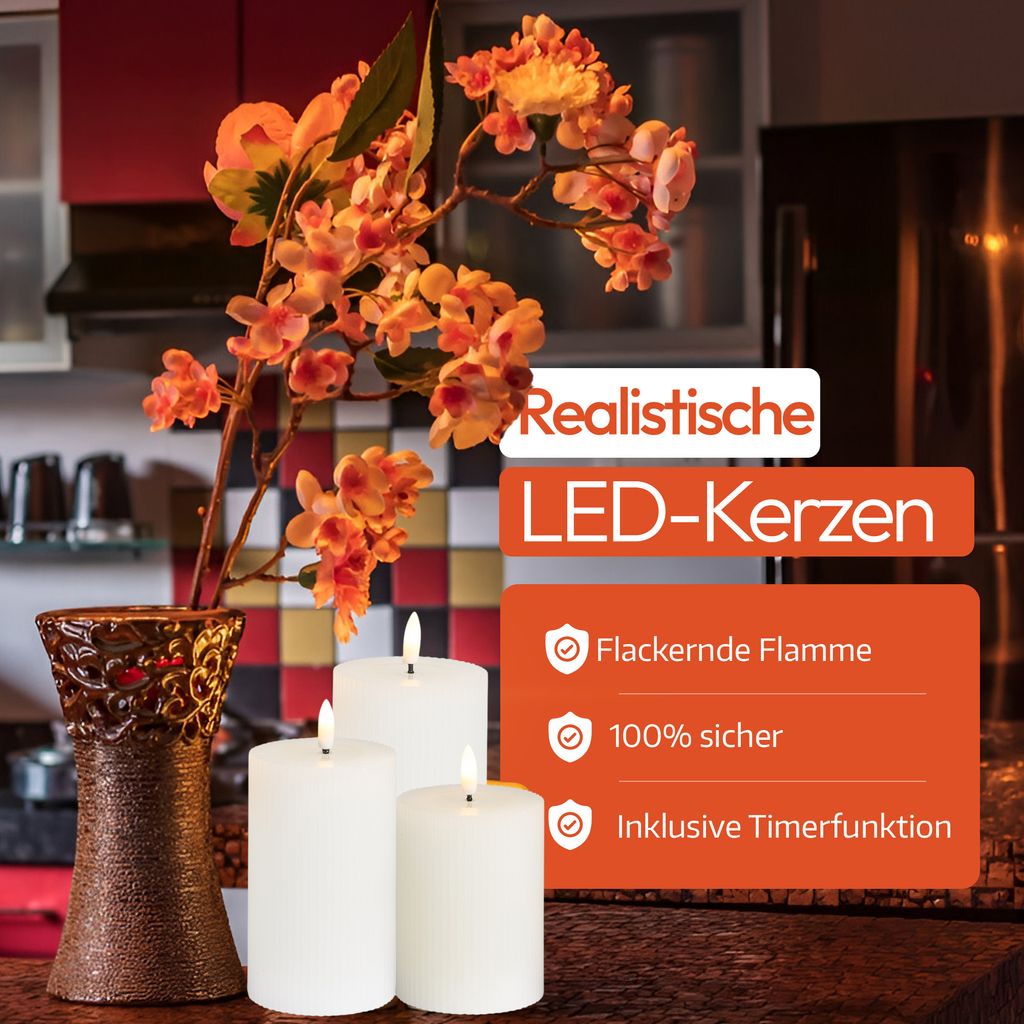 Meisterhome® 3er-Set Flammenlose LED Kerzen Ribble mit