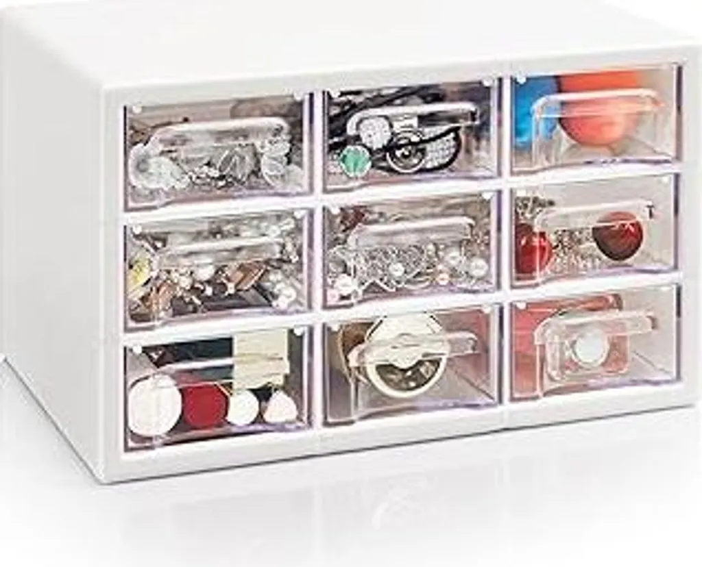 Contenitore con 9 cassetti, ToyaJeco Impilabile Scrivania Artigianato Cassetto Armadietto, Organizer da scrivania trasparente Caddy per trucchi gioielli ufficio forniture artigianali (25×15×16cm) (bianco)