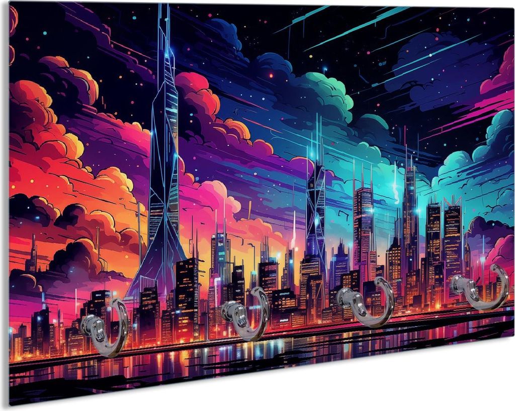 Wallario Schlüsselbrett aus Glas, Motiv: Skyline im Abendlicht, 30 x 20 cm mit 4 Haken