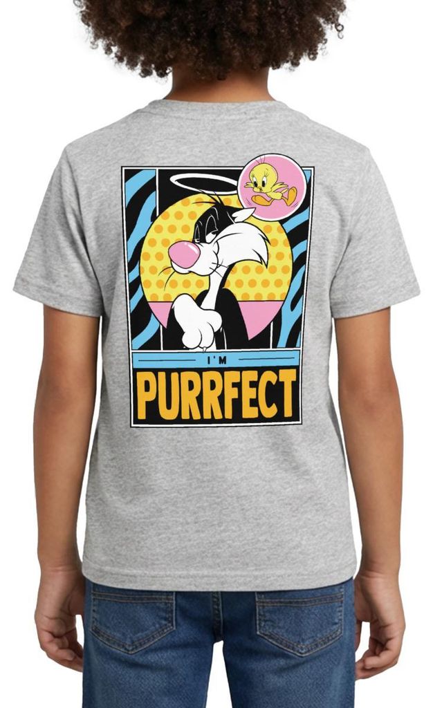 Spreadshirt Looney Tunes Kater Sylvester I'm Purrfect Perfekt Kinder T-Shirt, 122/128 (7-8 Jahre), Grau meliert