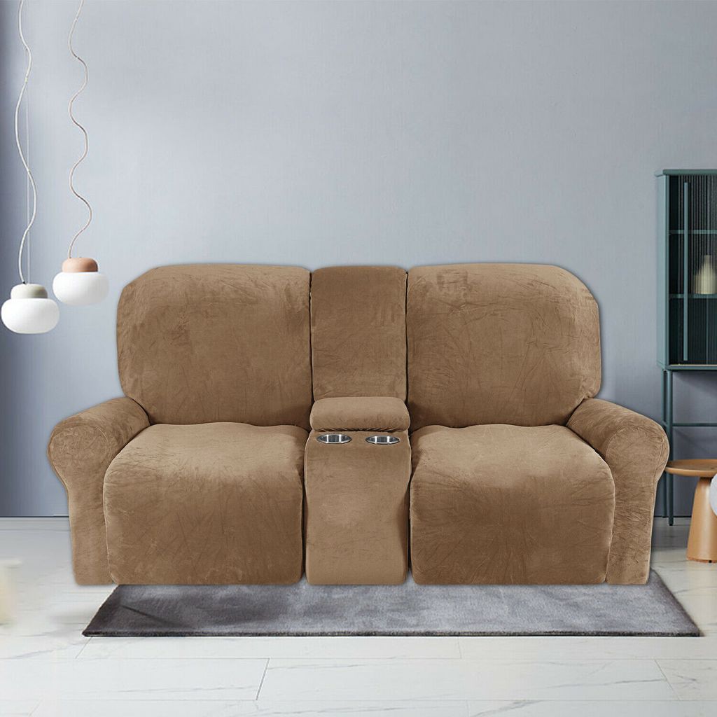 8-teiliger Stretch Samt Hussen Recliner Sofabezug mit Getränkehaltern,Dicke Plüsch Liegesofa 2-Sitzer Recliner-Abdeckung,Hellbraun