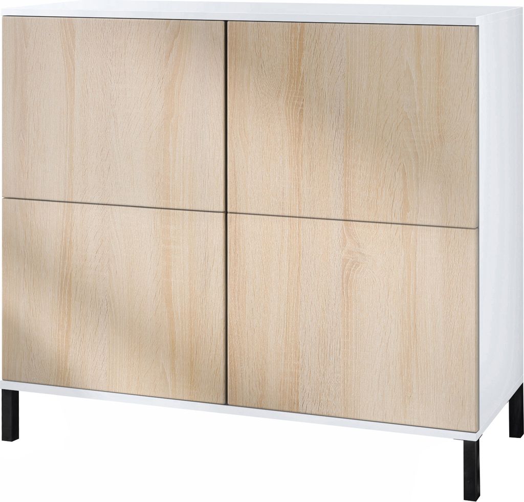 Vladon Kommode Rova V3, Moderner Küchenschrank mit 4 Push-to-Open Türen Weiß matt / Eiche sägerau (92,5 x 83.5 x 35)