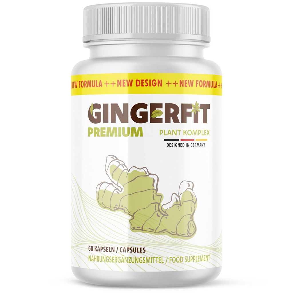A white bottle of Gingerfit Premium capsules with a label featuring ginger illustrations and text.