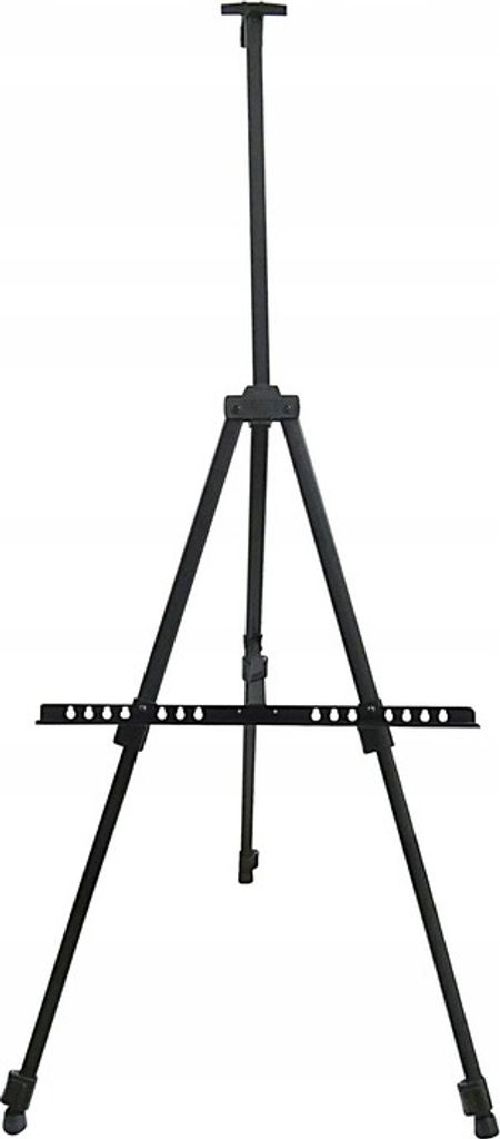 A black metal easel on a white background.