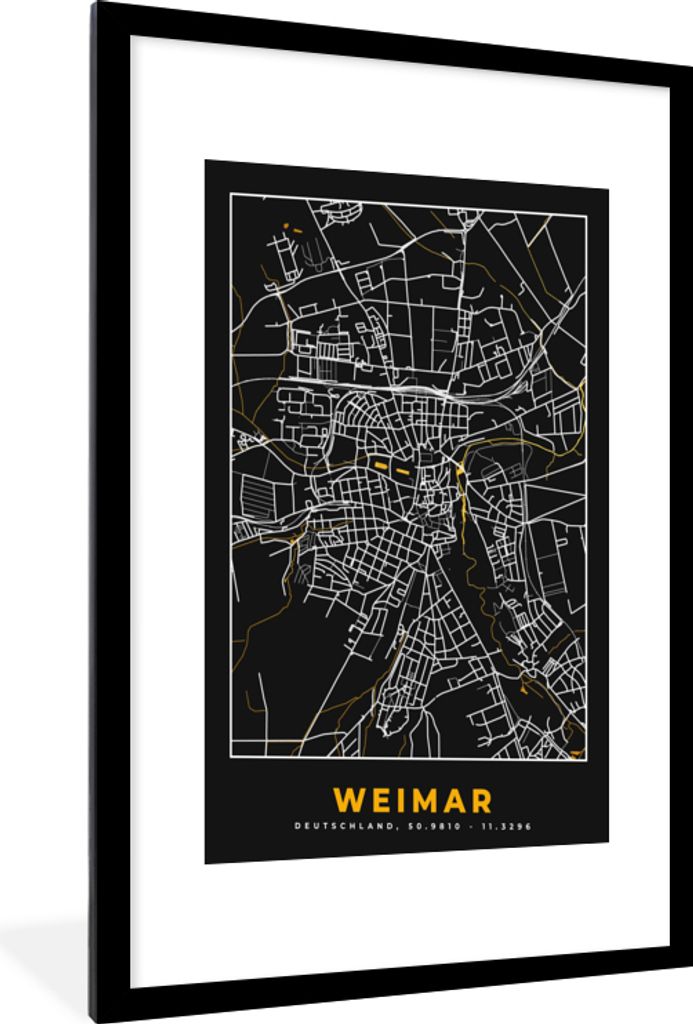 MuchoWow Gerahmtes Poster Weimar - Stadtplan - Gold - Karte - Deutschland 60x90 cm - Poster mit Schwarzem Bilderrahmen Wandposter Rahmen Foto Bil...