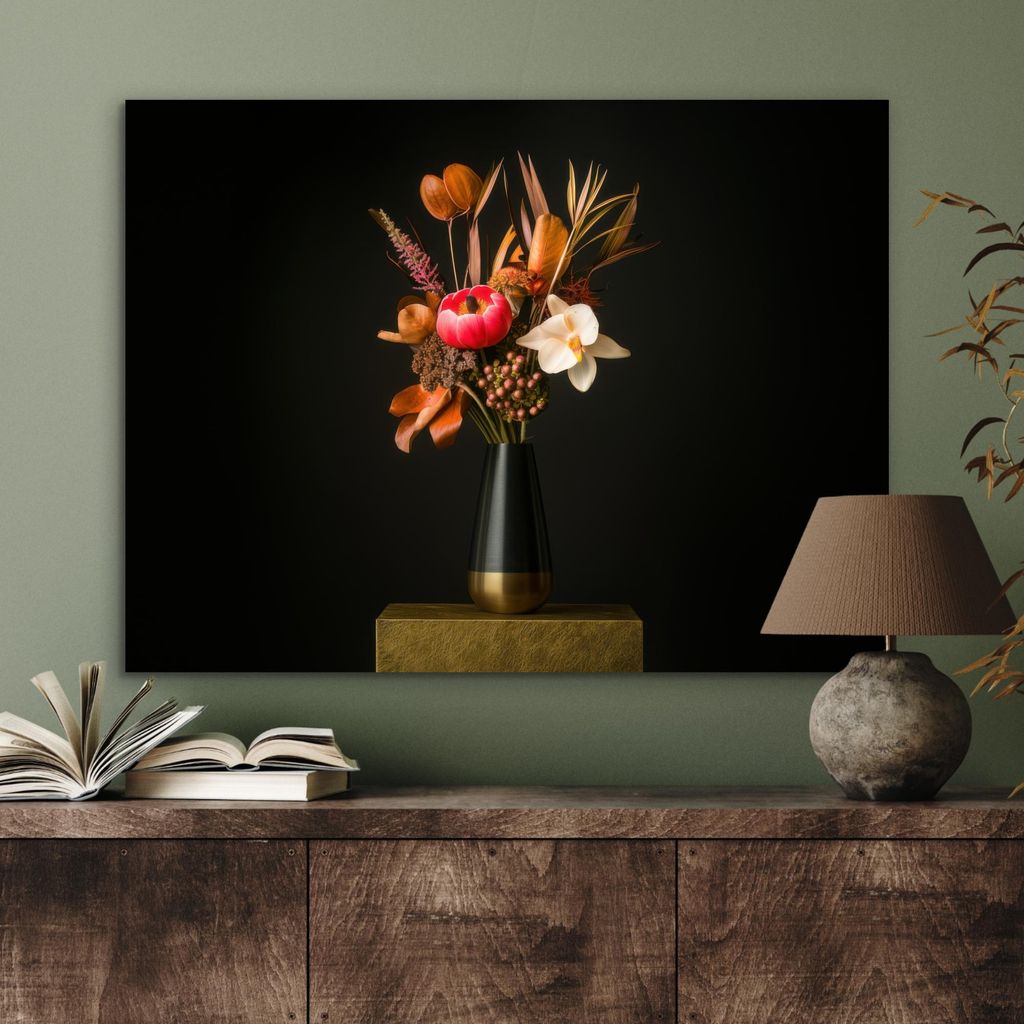 MuchoWow Wanddekoration Metall Metallbild Wandkunst 80x60 cm Blumenstrauß - Orange - Gold - Vase MuchoWow Aluminium Gemälde - Alubild