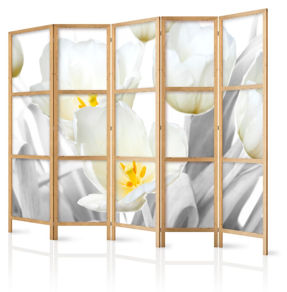 Muralo Japanischer PARAVENT 5-teilig Raumteiler klappbar PREMIUM-Vliesleinwand WEISSE BLUMEN für Wohnzimmer 225cmx172cm
