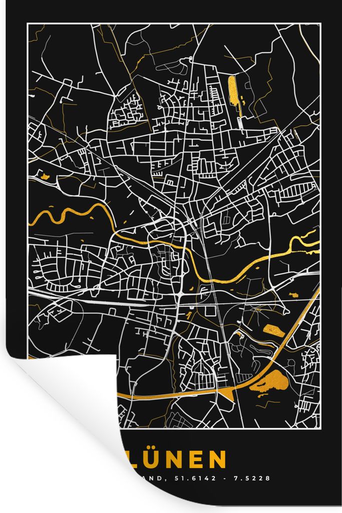 MuchoWow Wandtattoo Wandsticker Wandaufkleber Stadtplan - Schwarz und Gold - Lünen - Karte - Deutschland 60x90 cm Selbstklebend und Repositionie...