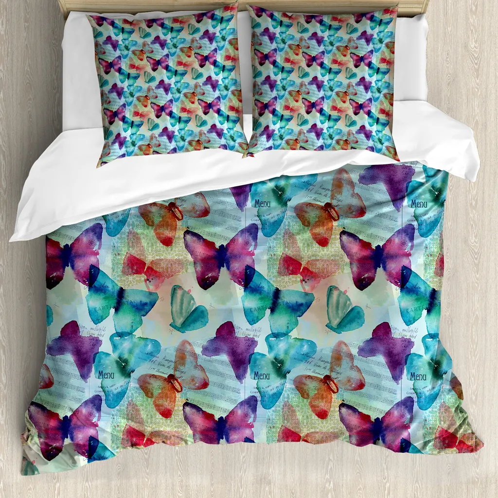 ABAKUHAUS Copripiumino astratto, scritte farfalle, antiacaro, adatto a chi soffre di allergie, con federe, 155 cm x 220 cm - 80 x 80 cm, multicolore