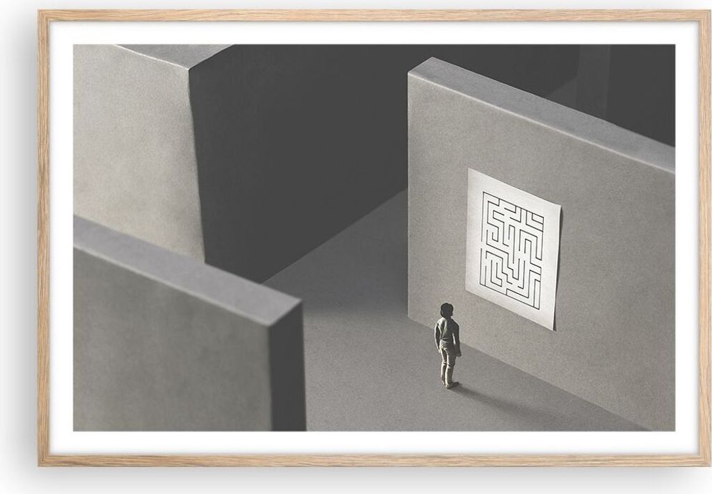 Gerahmtes Poster - Rahmen in heller Eiche - Labyrinth Grau Produktbild 