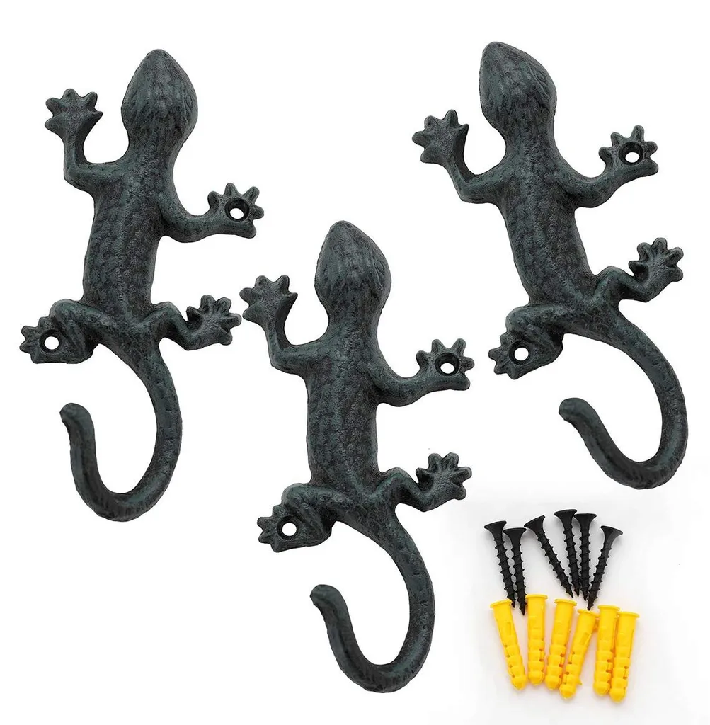 Crochets muraux Gecko 17 cm métal robuste, 3 attaches murales vintage