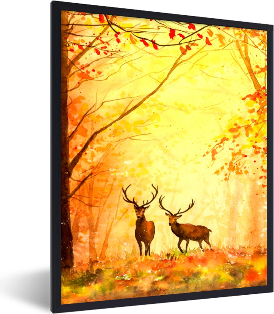 MuchoWow Gerahmtes Poster Natur - Ölfarbe - Hirsche - Tiere - Herbst - Orange 60x80 cm - Poster mit Schwarzem Bilderrahmen Wandposter Rahmen Fot...