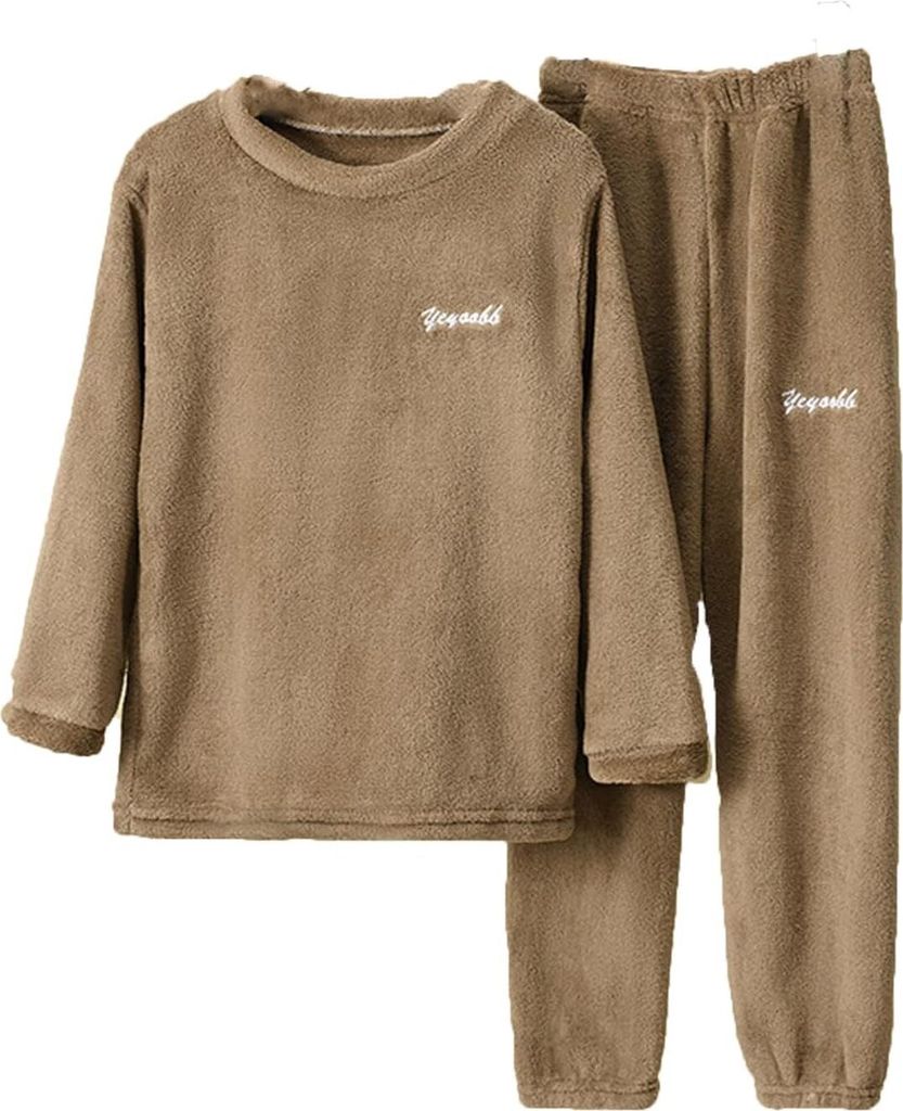 ASKSA Kinder Flauschige Schlafanzug Jungen Maedchen Schlafanzuege Warme Fleece Pyjama Set Winter Langarm Nachtwaesche Flanell Pyjama,Braun,Groesse:165