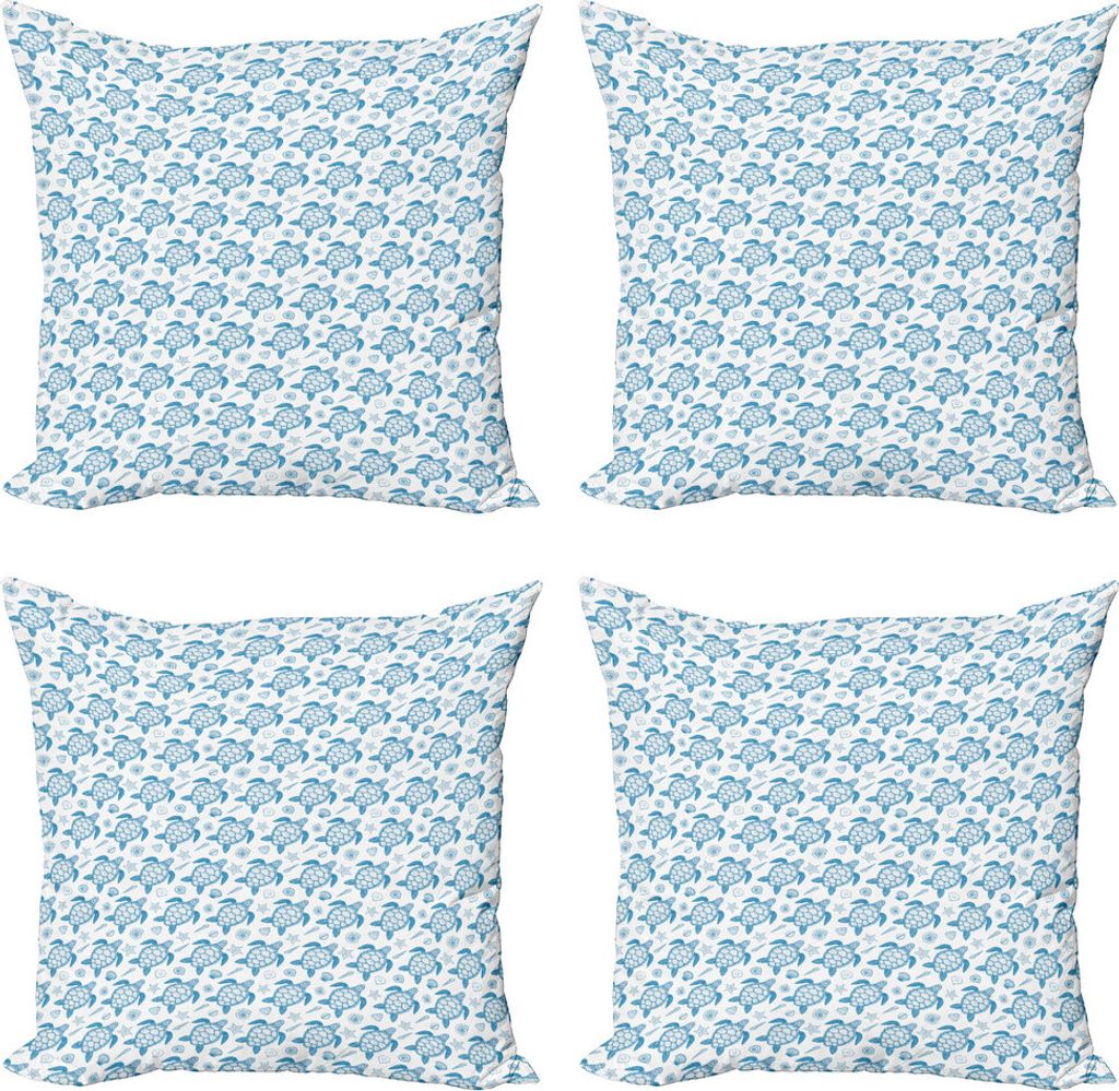 ABAKUHAUS Schildkröte Kissenbezug Set (4 Stück), Unterwasser-Fauna-Motiv, Moderner Doppelseitiger Digitaldruck, 40 cm x 40 cm, Blau und weiß