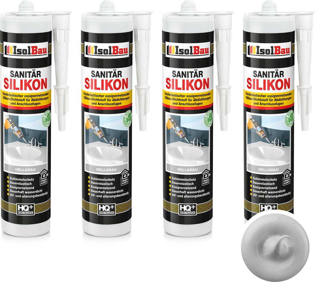Isolbau Sanitär Silikon 4 x 300 ml Hellgrau - Hochelastischer Silikon-Dichtstoff für Abdichtungen & Fugen – Schimmelresistent, wasserdicht - Ka...