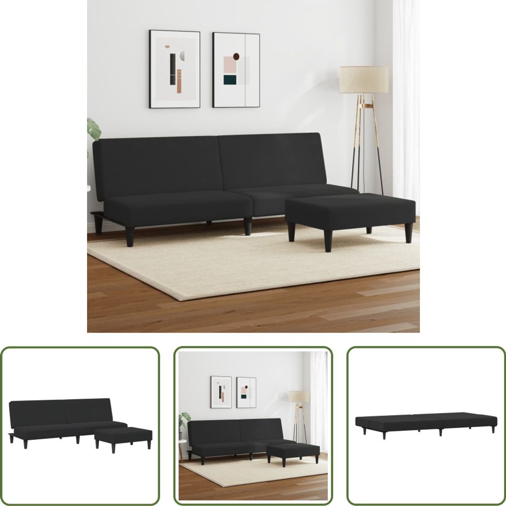 The Living Store Schlafsofa 2-Sitzer mit Fußhocker Schwarz Samt