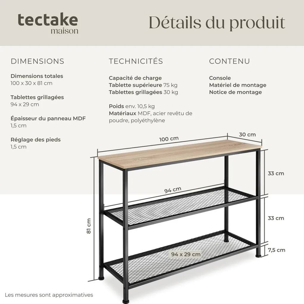 Table Console Chêne Sonoma 100cm - Plateau Bois et Structure Métal - 6