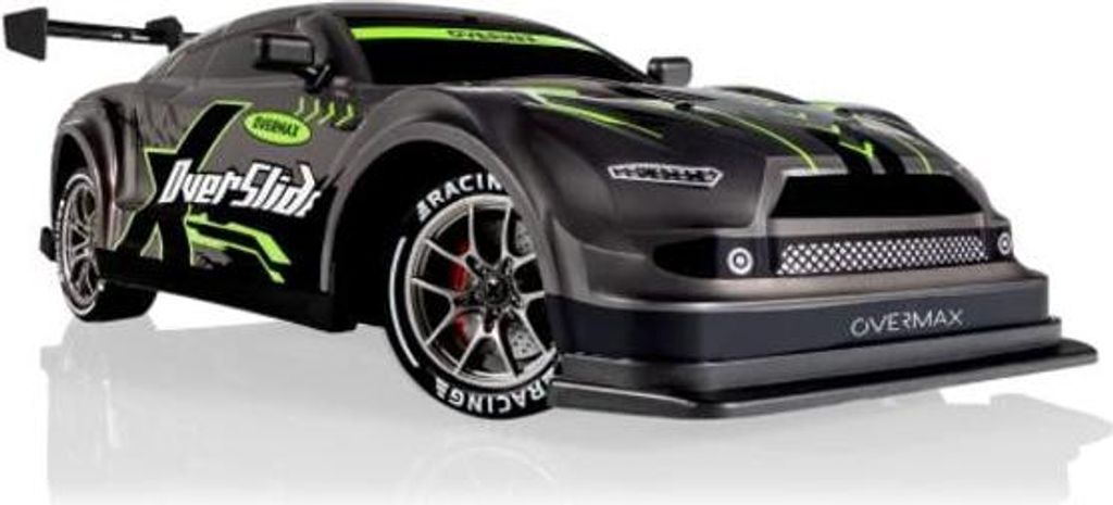 A black and green remote-controlled drift car is shown from a front-side angle against a white background.