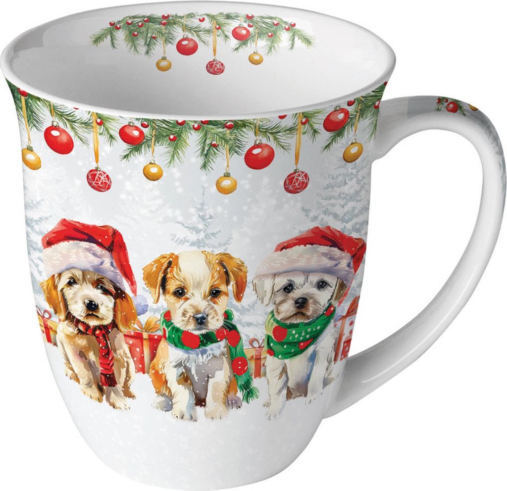 Tasse 10cm Porzellan 0,4L mit Weihnachtswelpen Motiv