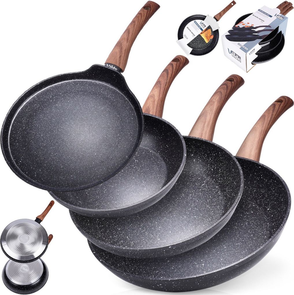 Vilde Pfannen-Set mit Granitbeschichtung Bratpfanne 20 / 24 / 28 cm + Pfannkuchenpfanne 24 cm BLACK&WOOD 4 Stk.